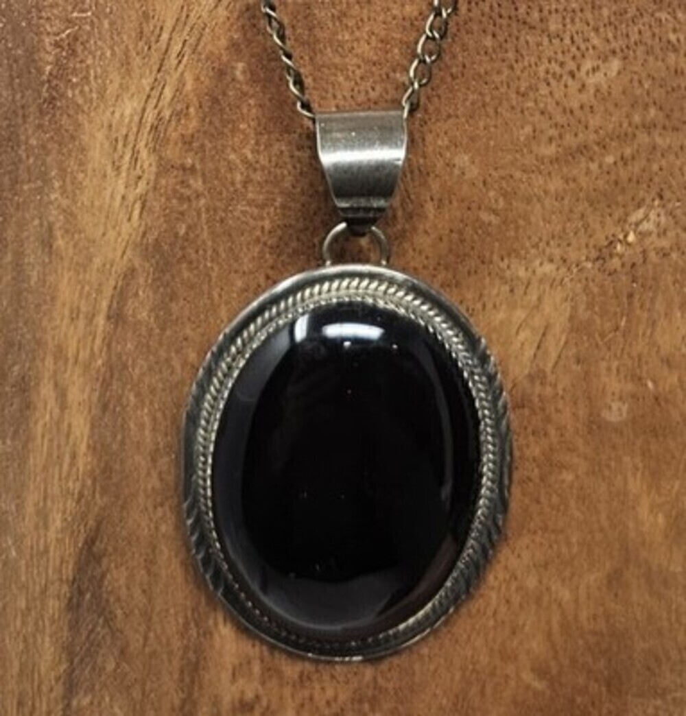 HL Herman Lee Navajo Vintage Sterling Silver Pendant Black Onyx Cabochon Large